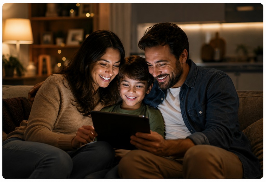 Família assistindo conteúdo SKY